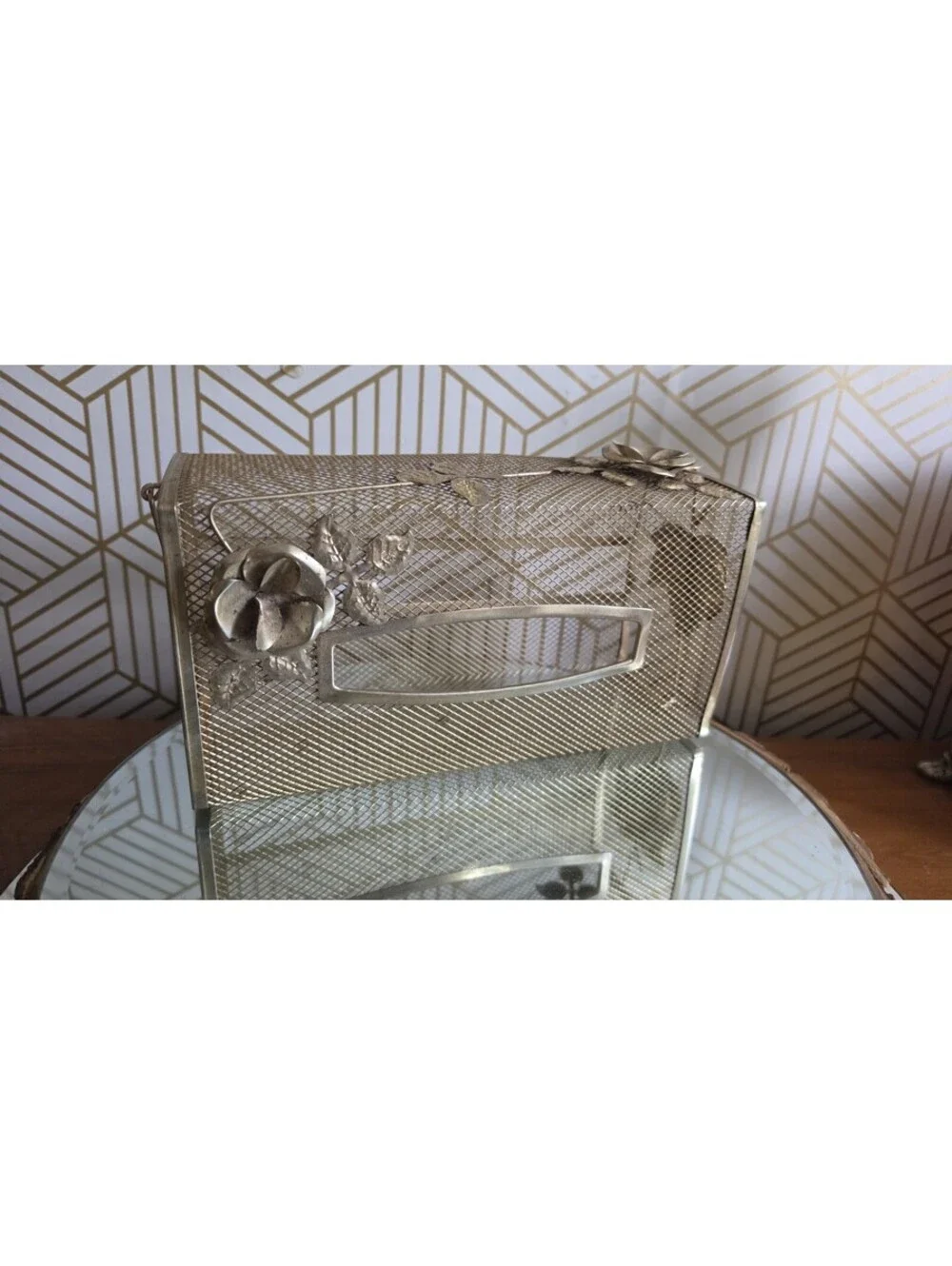 Vintage Floral Gold Tone Filigree Tissue Box Cover Hollywood Regency
